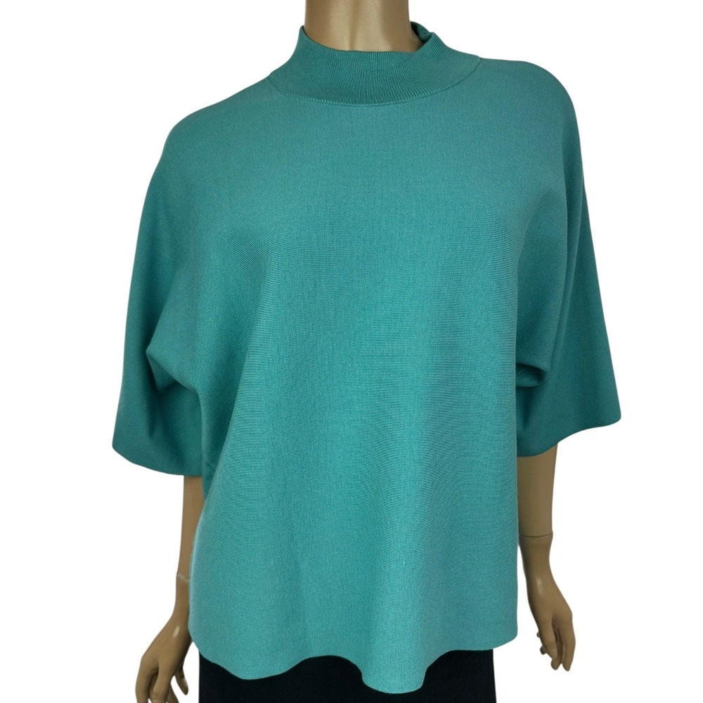 Chico's Mock Green Turtleneck Sweater Pullover Boxy Short Dolaman Sleeve Sz 1/M
